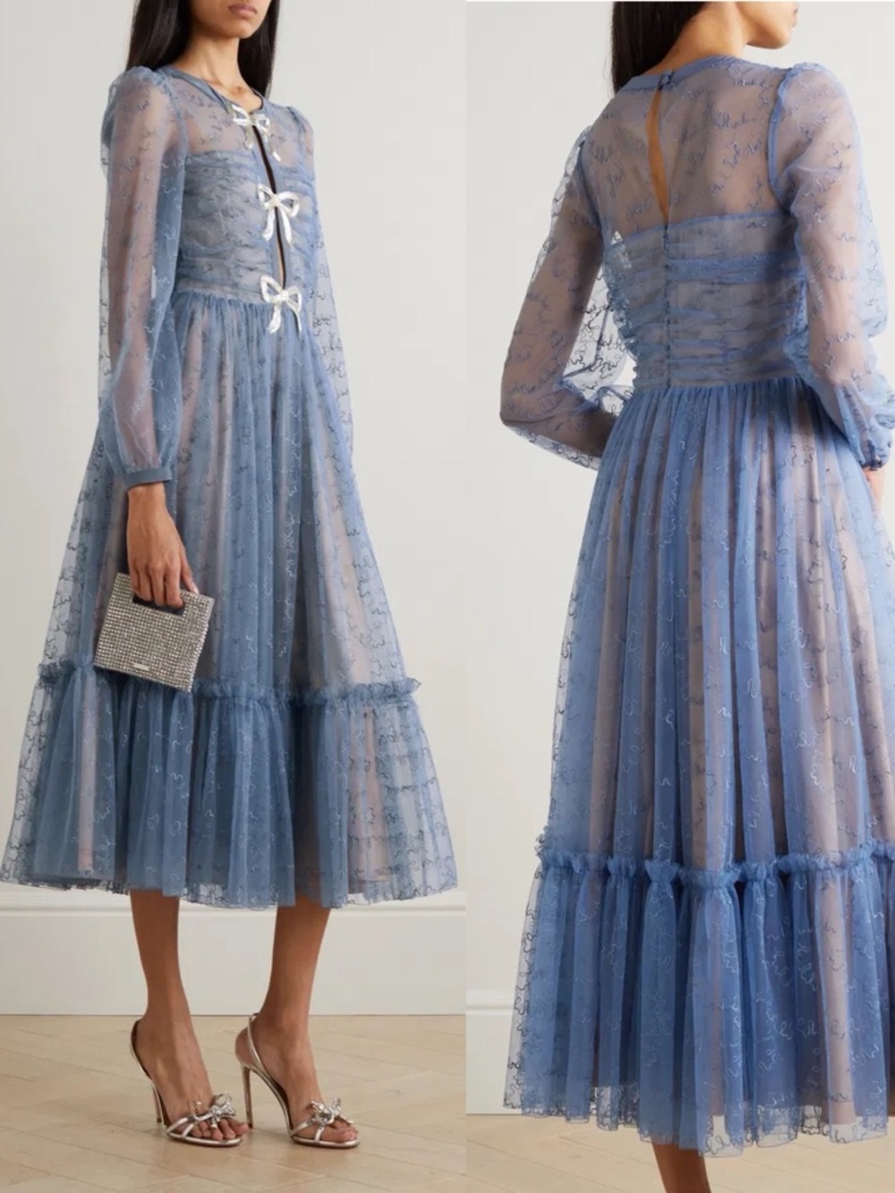 SALONI Camille Tulle Bow Embellished Midi Dress Iris Blue Silver